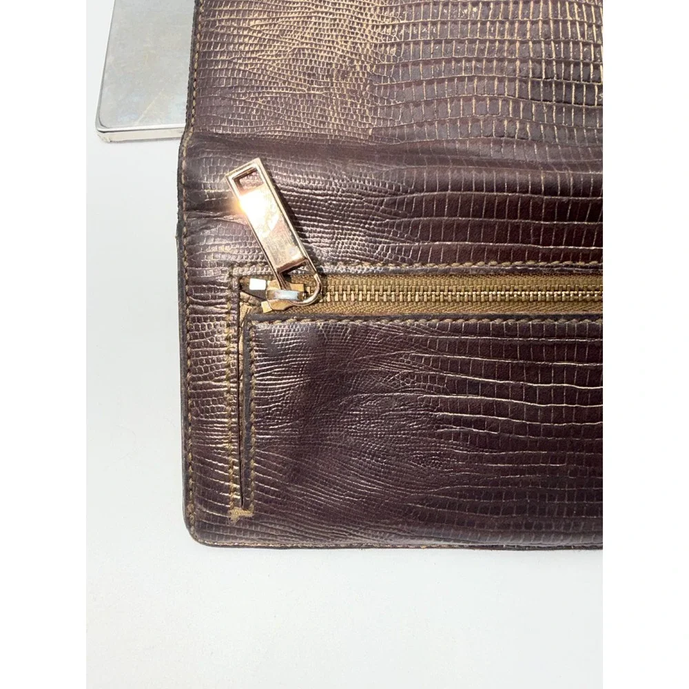 Cole Haan Metallic Bronze Lizard Embossed Leather Slim Continental Wallet